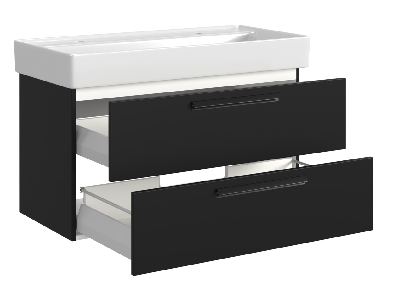 Waschtisch-Set mit zwei Schubladen in schwarzem Design, seitliche Perspektive