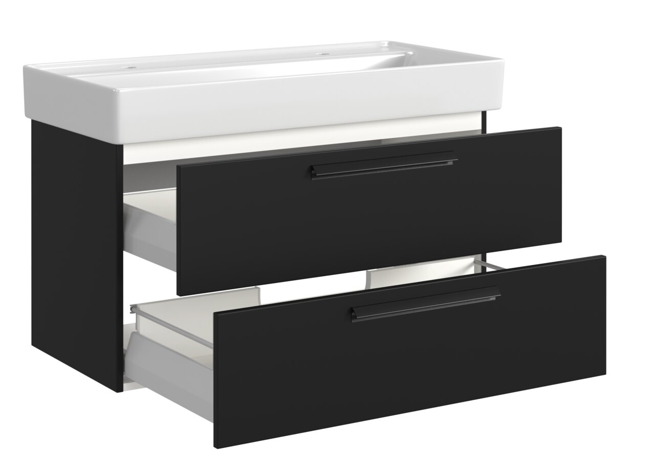 Waschtisch-Set mit zwei Schubladen in schwarzem Design, seitliche Perspektive