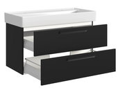 Waschtisch-Set mit zwei Schubladen in schwarzem Design, seitliche Perspektive