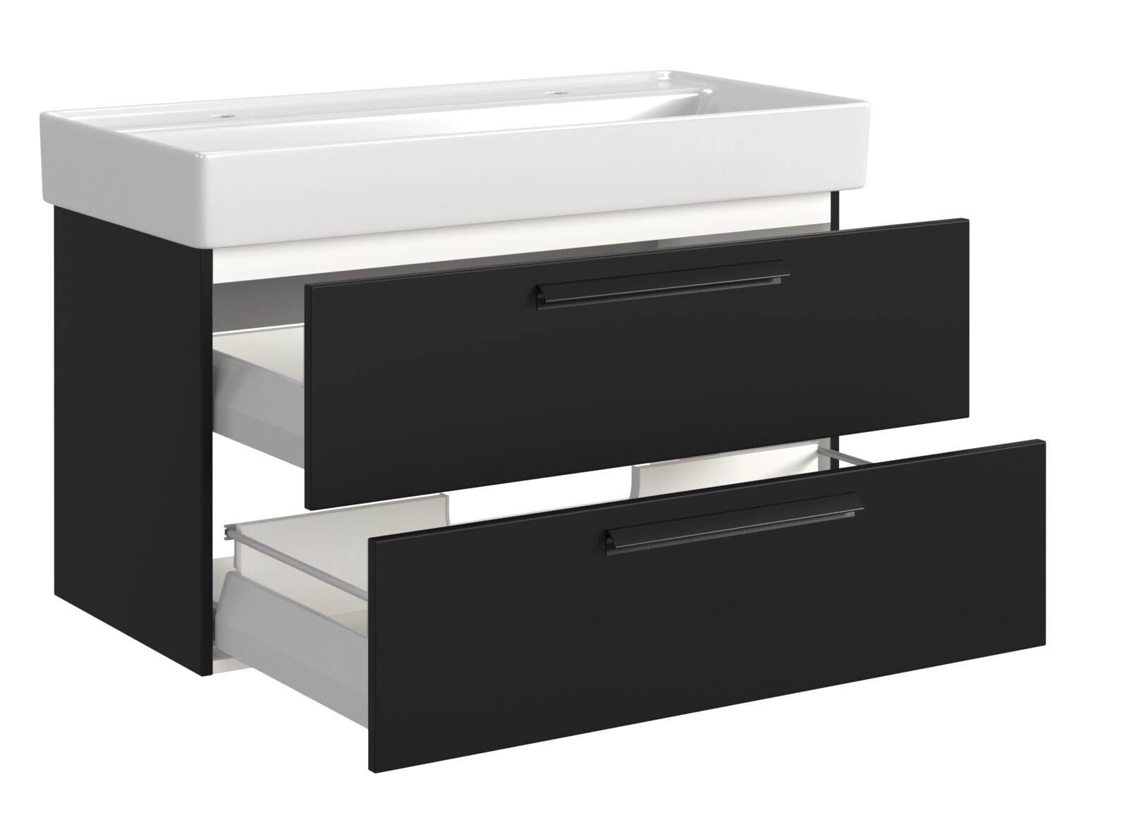 Waschtisch-Set mit zwei Schubladen in schwarzem Design, seitliche Perspektive