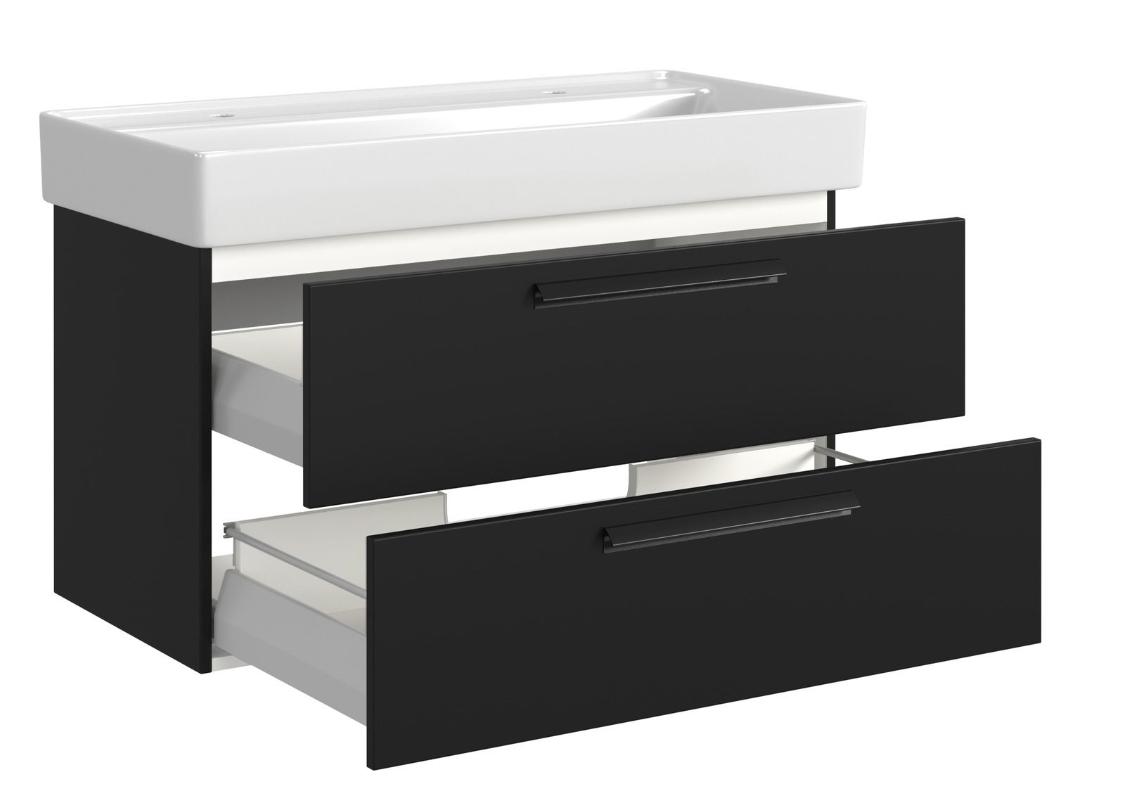Waschtisch-Set mit zwei Schubladen in schwarzem Design, seitliche Perspektive