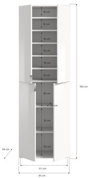 Weiße Garderobenkombination mit mehreren Fächern, frontal abgebildet. Maße: 193 cm hoch, 61 cm breit, 34 cm tief.