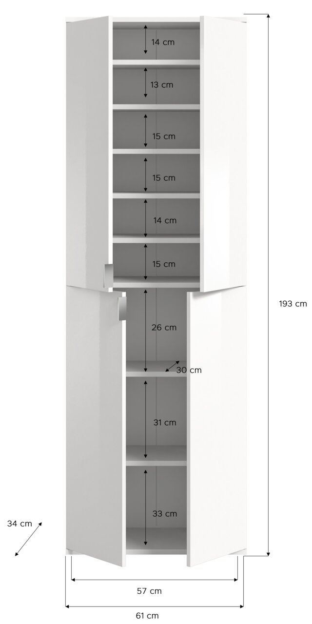 Weiße Garderobenkombination mit mehreren Fächern, frontal abgebildet. Maße: 193 cm hoch, 61 cm breit, 34 cm tief.