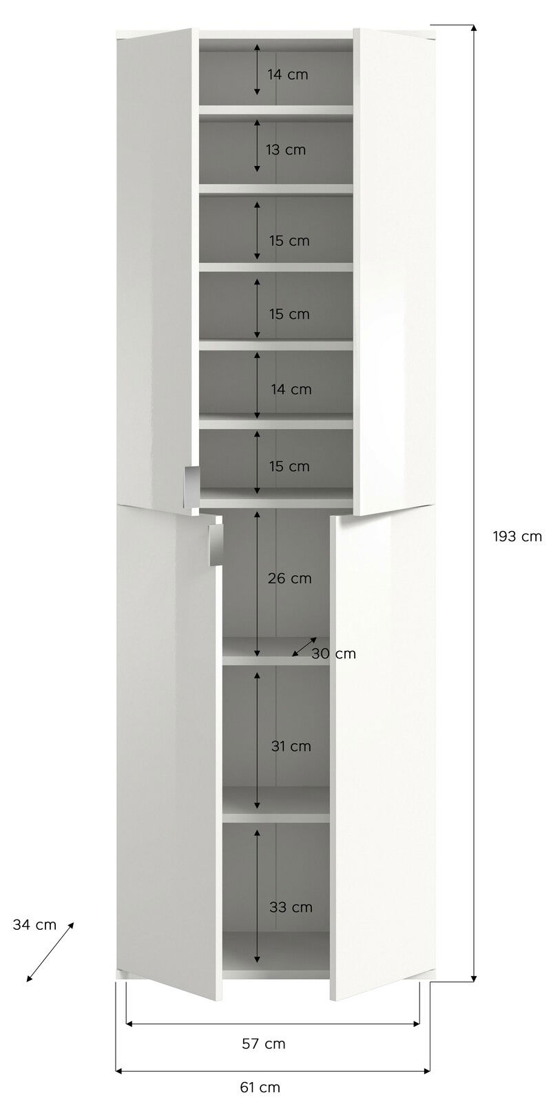 Weiße Garderobenkombination mit mehreren Fächern, frontal abgebildet. Maße: 193 cm hoch, 61 cm breit, 34 cm tief.