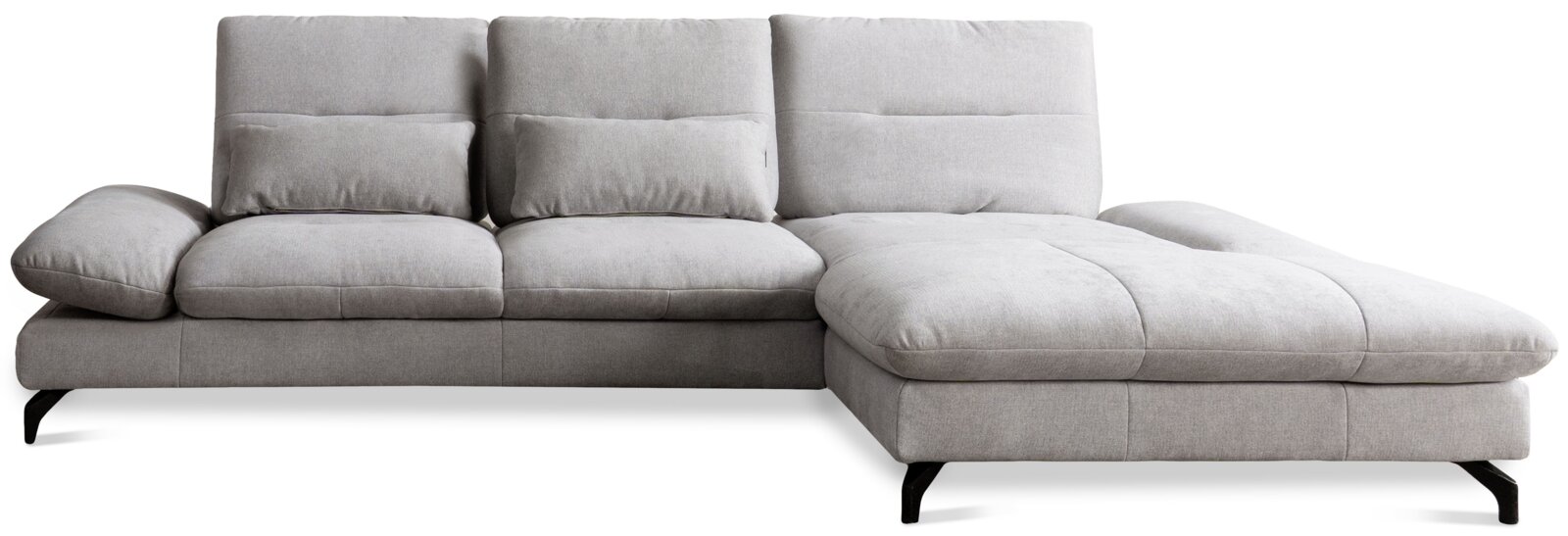 Graues Ecksofa mit drei Sitzplätzen und einer Chaiselongue, Vorderansicht