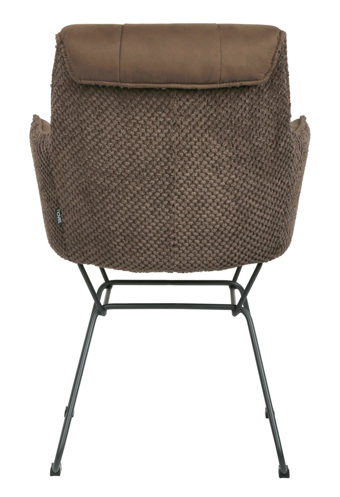 Rückansicht eines braunen Armlehnstuhls mit Metallgestell