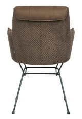 Rückansicht eines braunen Armlehnstuhls mit Metallgestell