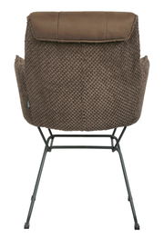 Rückansicht eines braunen Armlehnstuhls mit Metallgestell