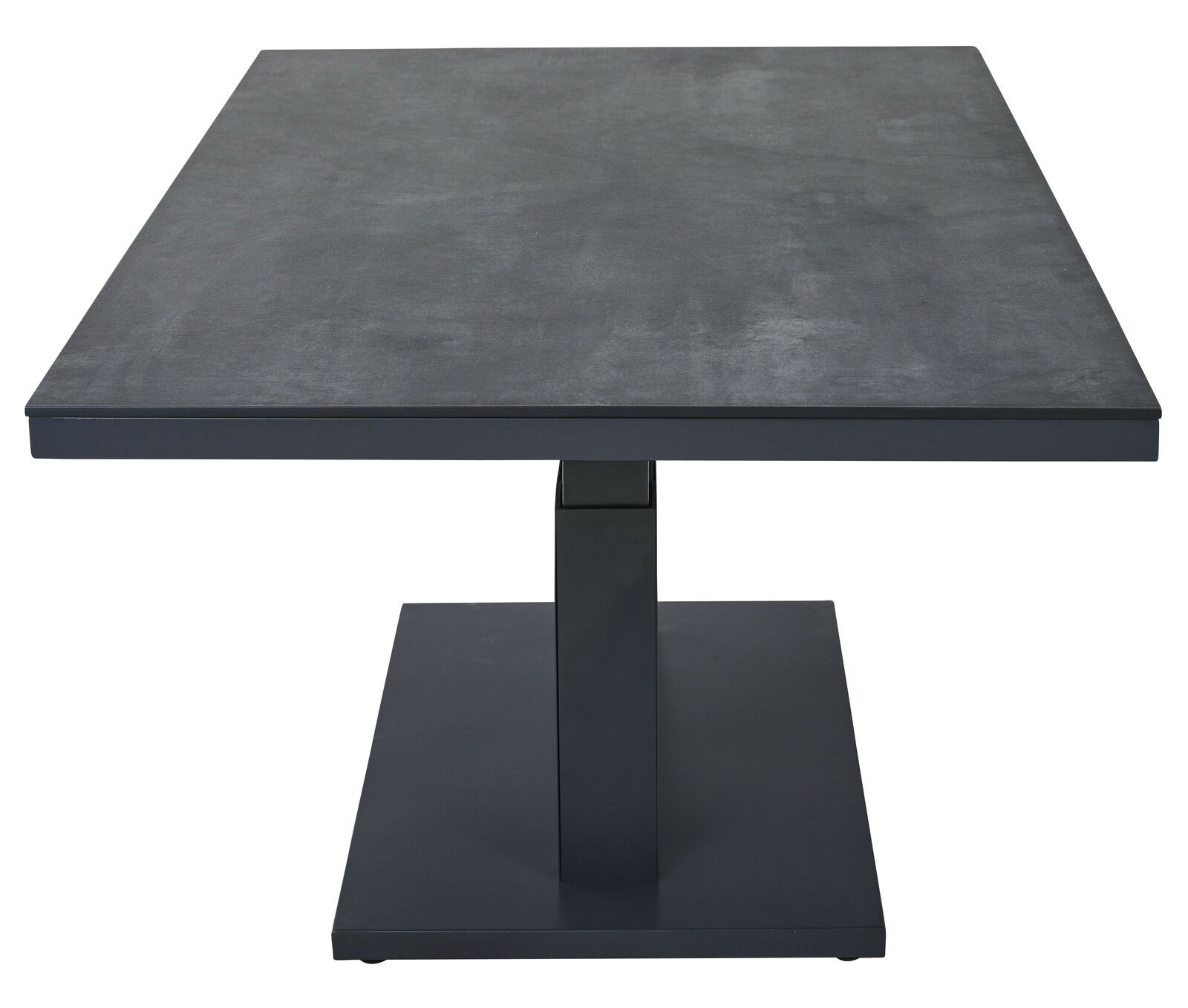 Moderner Garten E-Lifttisch in dunklem Design, frontal betrachtet.
