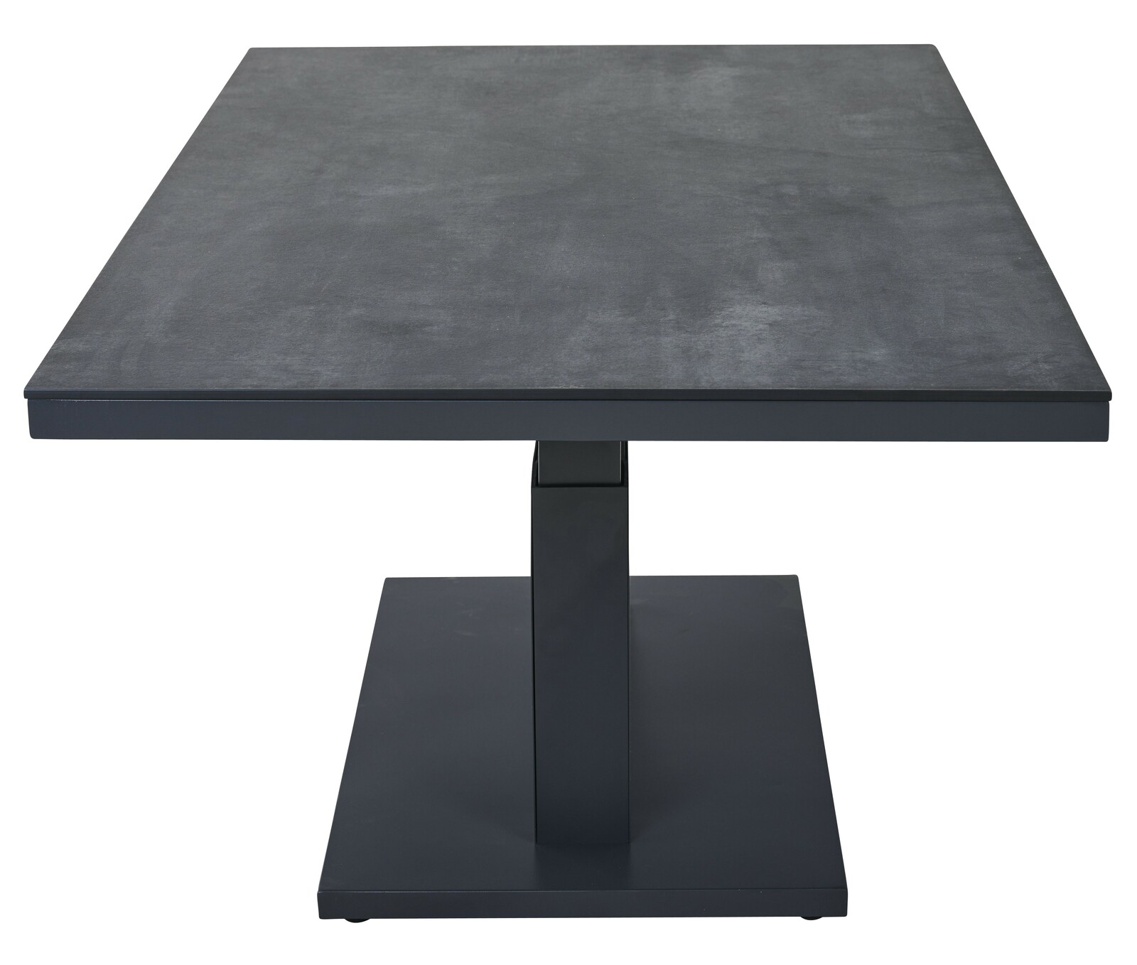 Moderner Garten E-Lifttisch in dunklem Design, frontal betrachtet.