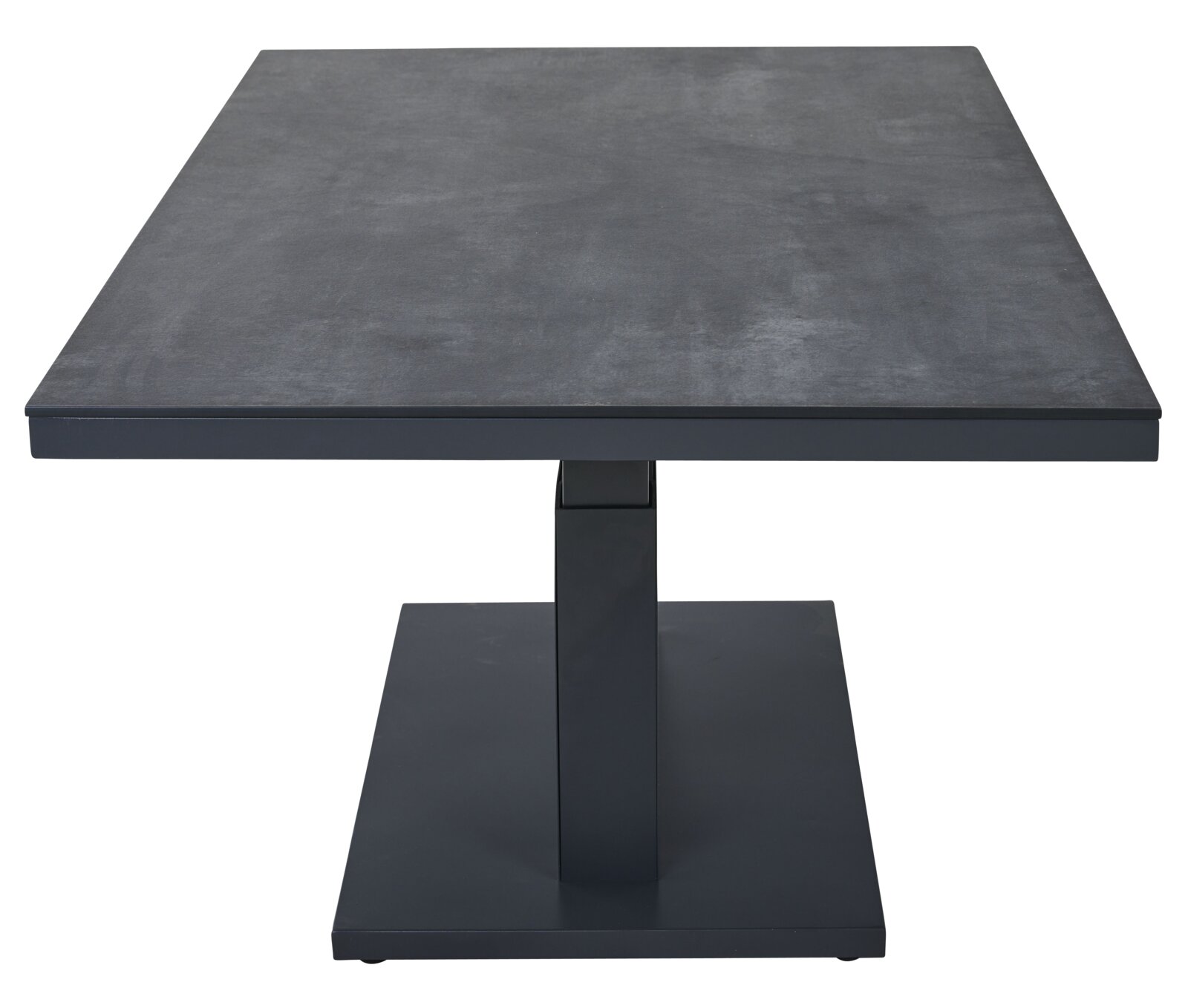 Moderne E-lifttafel voor in de tuin in een donkere uitvoering, gezien vanaf de voorkant.