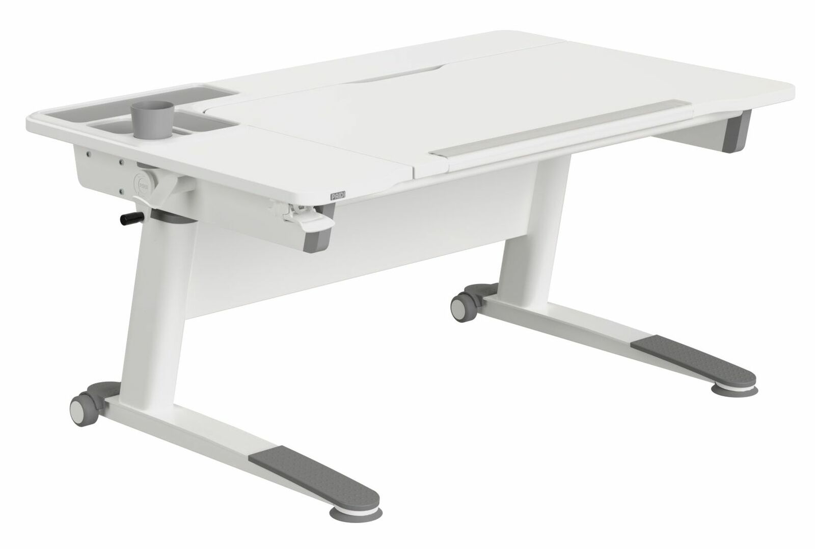 Moderner weißer Schreibtisch mit verstellbarer Höhe und integrierten Ablagefächern, seitliche Perspektive