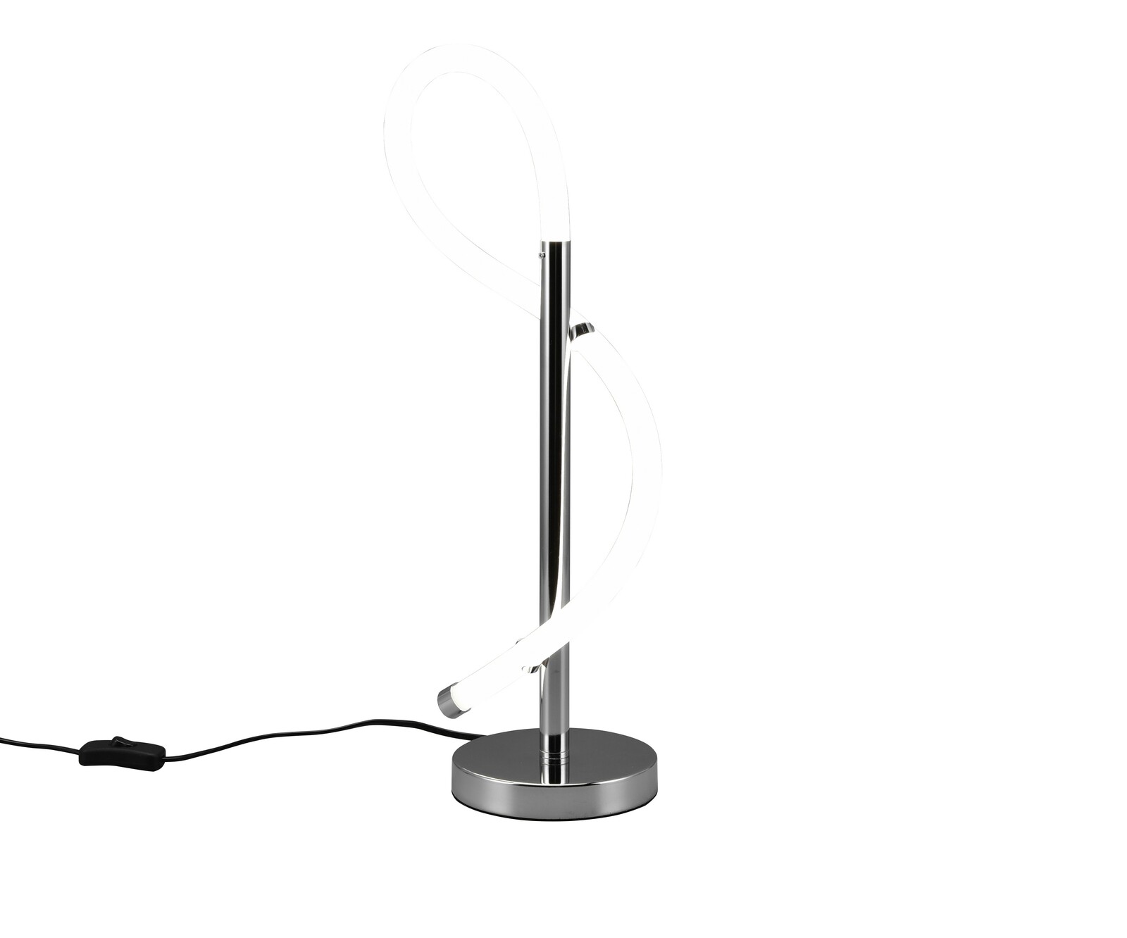 Moderne Tischleuchte mit geschwungenem LED-Design, seitliche Perspektive