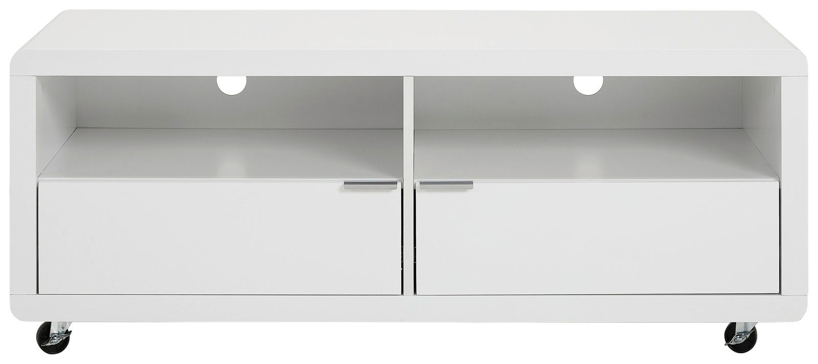 Weißes TV-Lowboard mit zwei offenen Fächern und zwei Schubladen, auf Rollen, Frontalansicht