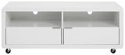 Weißes TV-Lowboard mit zwei offenen Fächern und zwei Schubladen, auf Rollen, Frontalansicht