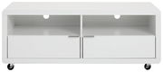 Weißes TV-Lowboard mit zwei offenen Fächern und zwei Schubladen, auf Rollen, Frontalansicht