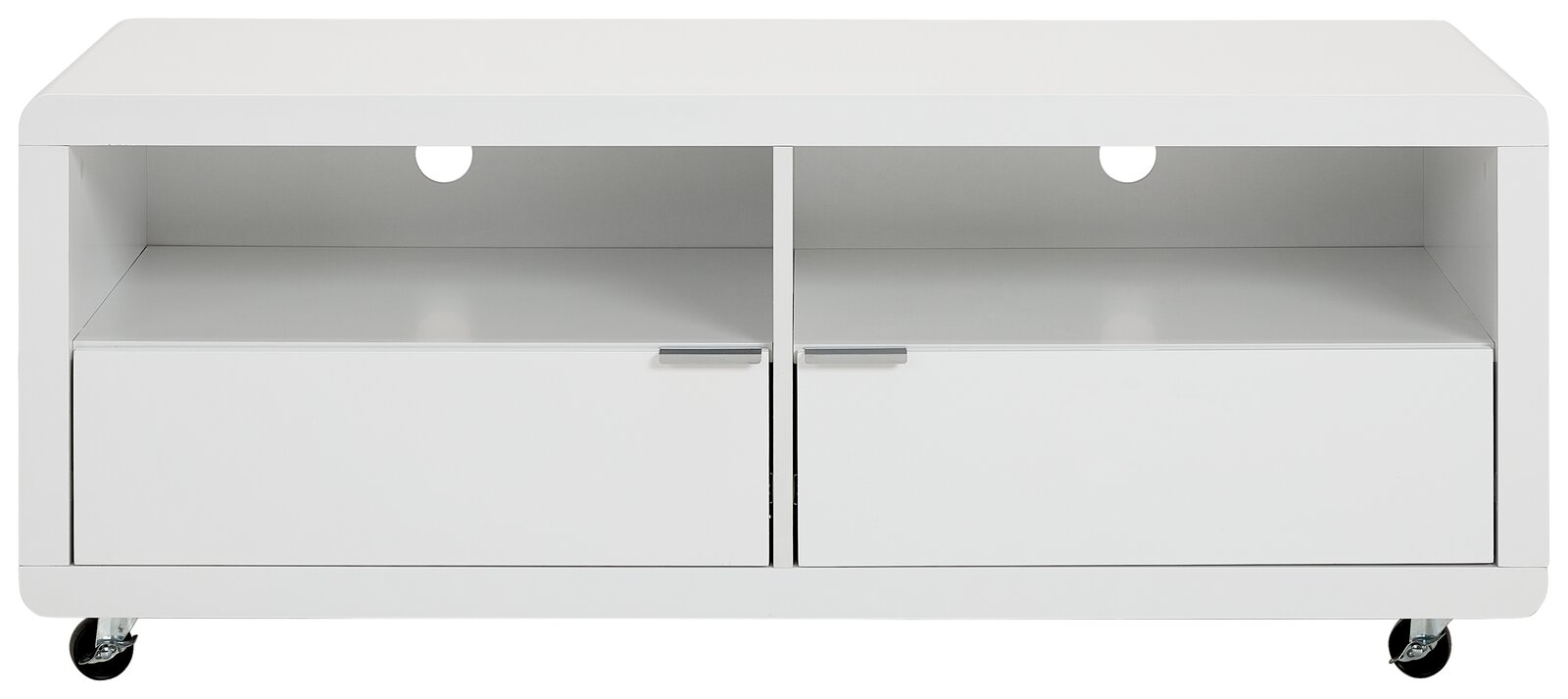 Weißes TV-Lowboard mit zwei offenen Fächern und zwei Schubladen, auf Rollen, Frontalansicht
