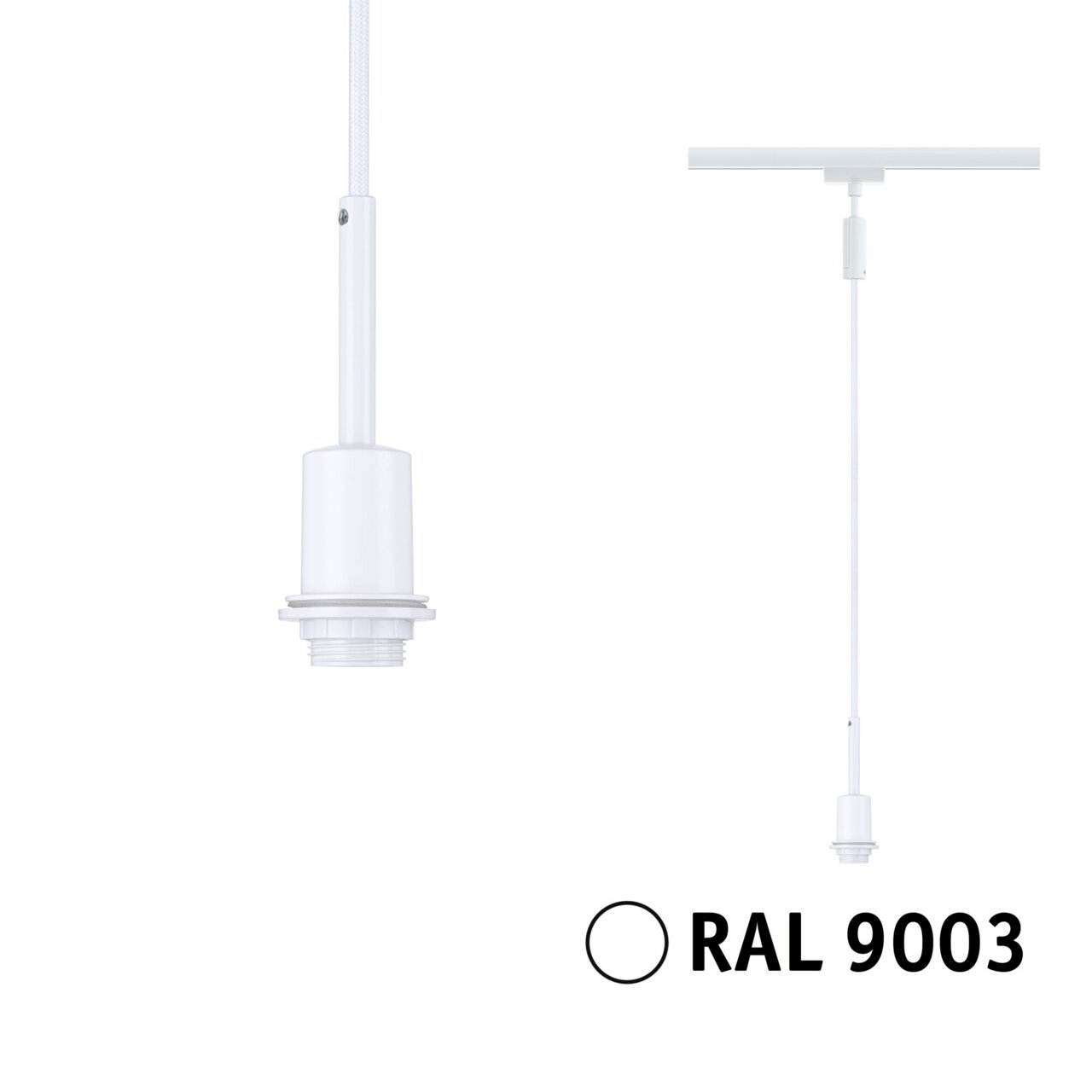 Weißes Basispendel mit E27-Fassung, RAL 9003, seitliche und frontale Ansicht