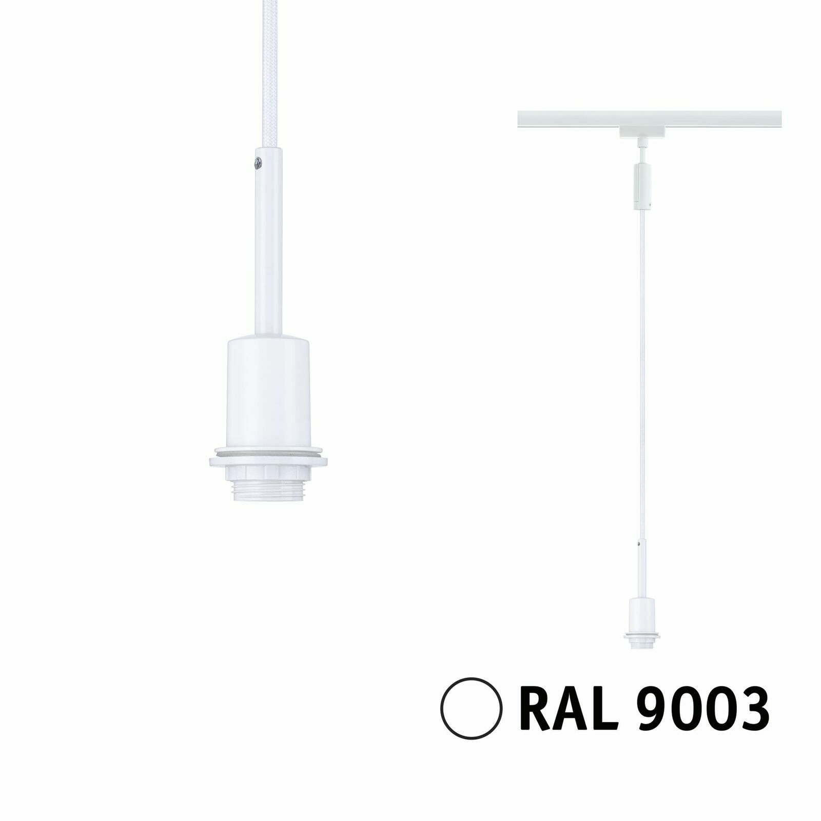 Weißes Basispendel mit E27-Fassung, RAL 9003, seitliche und frontale Ansicht