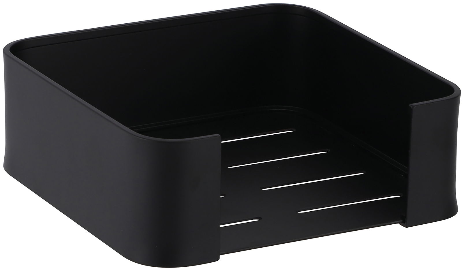 Schwarzer Serviettenhalter aus Kunststoff in einer schrägen Perspektive von oben fotografiert.