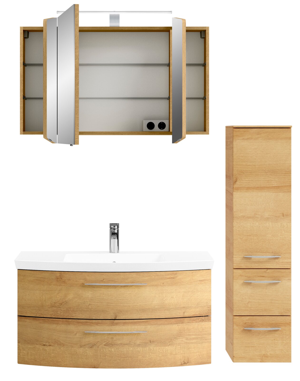 Badkombination aus Holz mit Spiegelschrank, Waschbeckenunterschrank und hohem Schrank, frontal betrachtet.