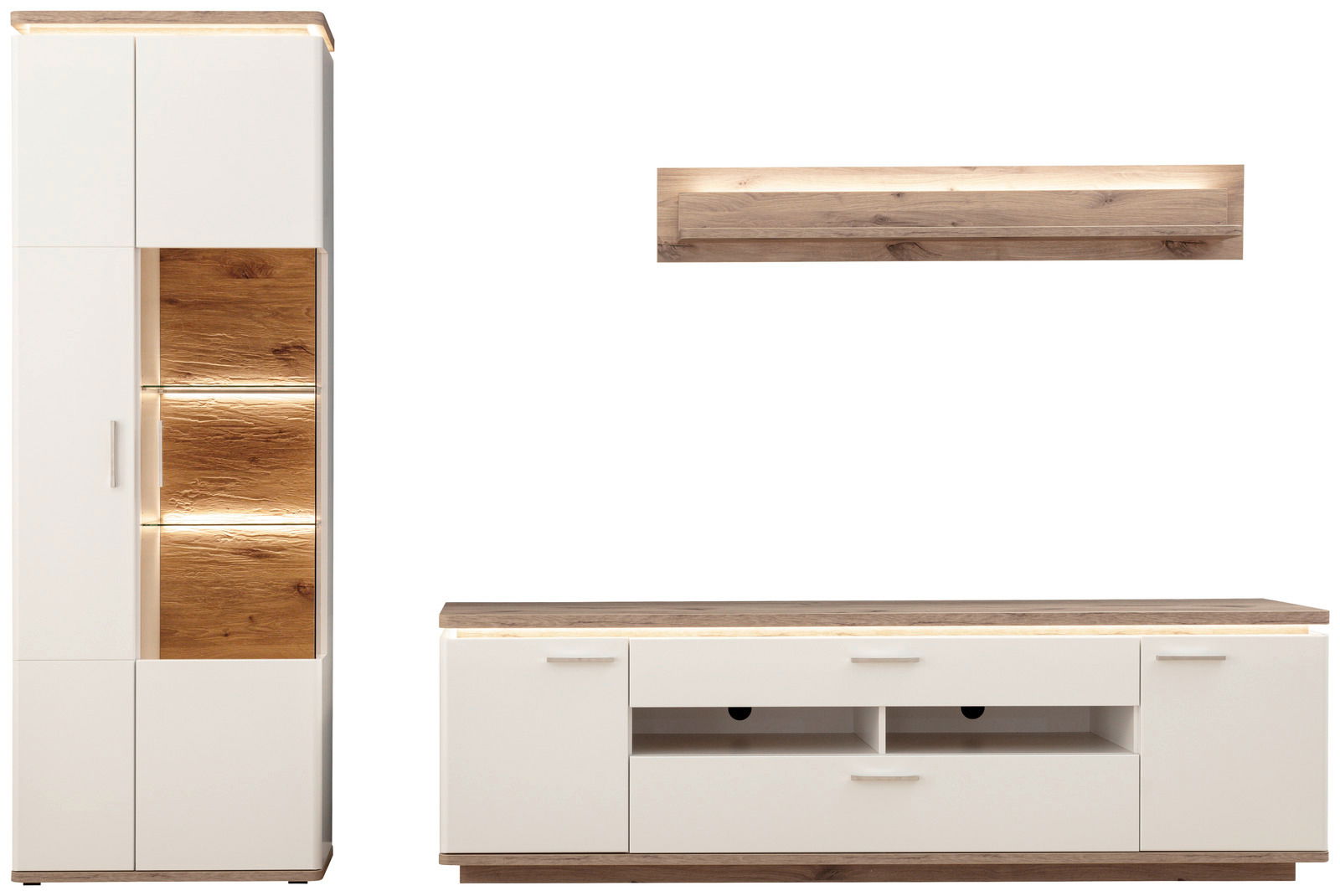 Moderne Wandkombination in Holzoptik mit weißem Finish, bestehend aus einem hohen Schrank, einem TV-Board und einem Wandregal, frontal betrachtet.