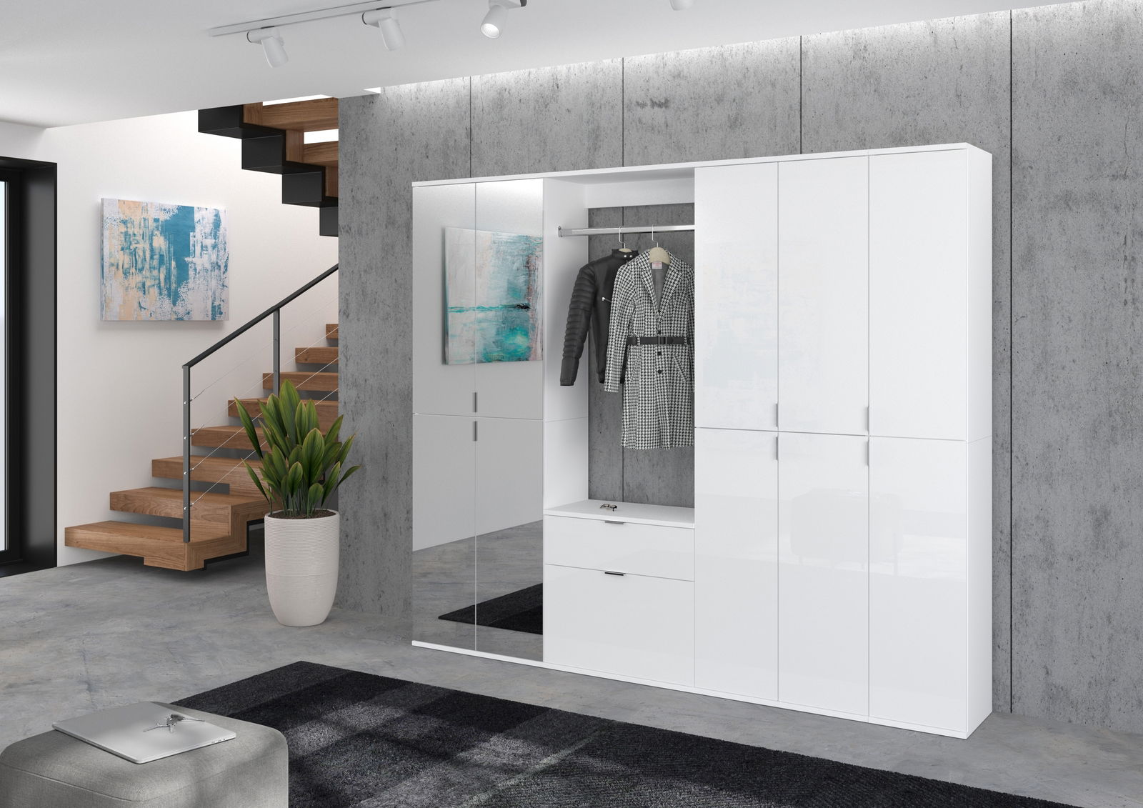 Moderner weißer Spiegelschrank in einem stilvollen Raum, frontal betrachtet, mit integrierter Garderobe und Schubladen.