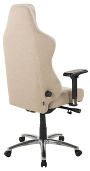 Rückansicht eines beigen Gaming-Stuhls mit verstellbaren Armlehnen und stabiler Metallbasis.