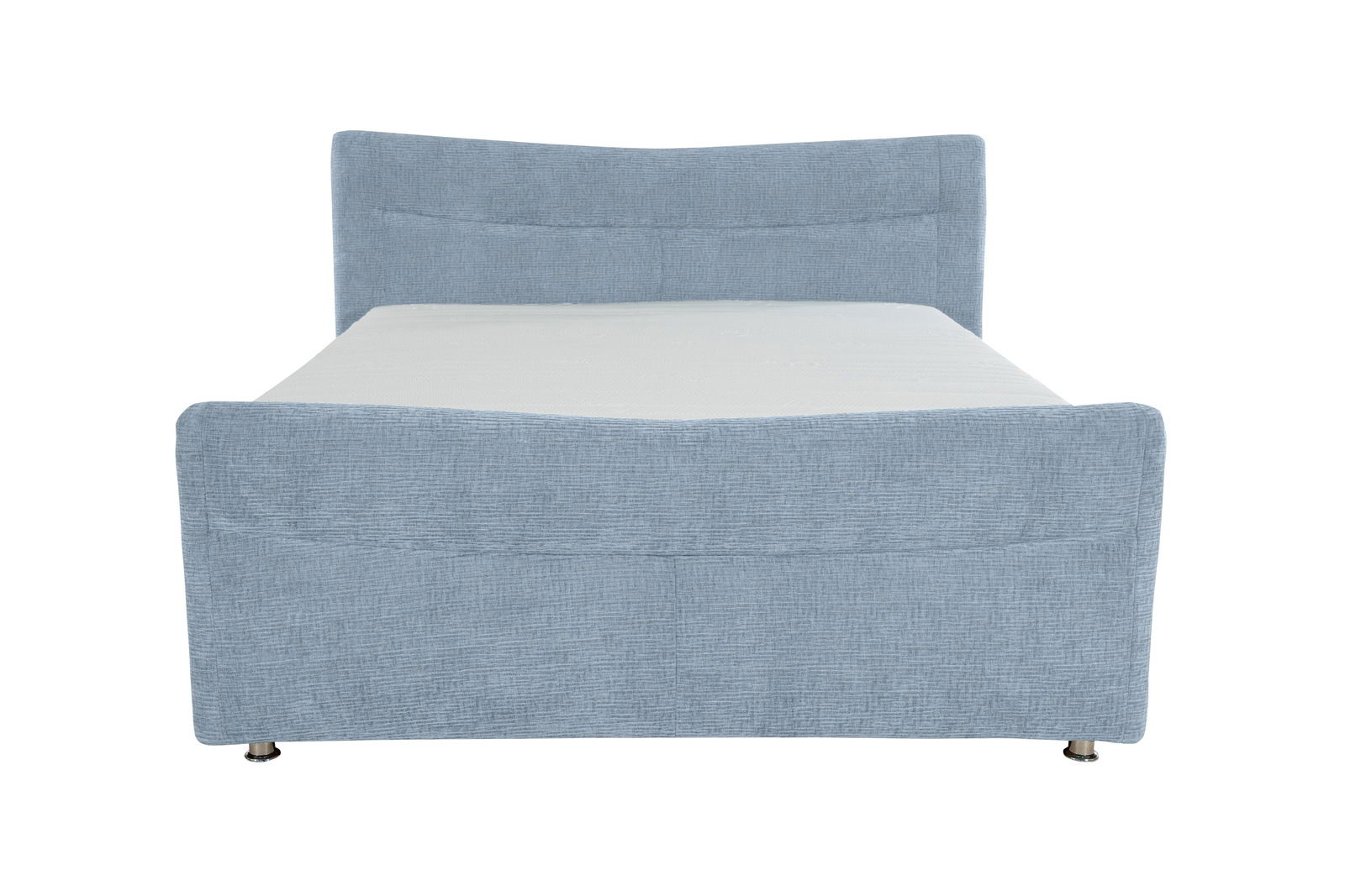 Frontansicht eines grauen Boxspringbetts mit gepolstertem Kopfteil