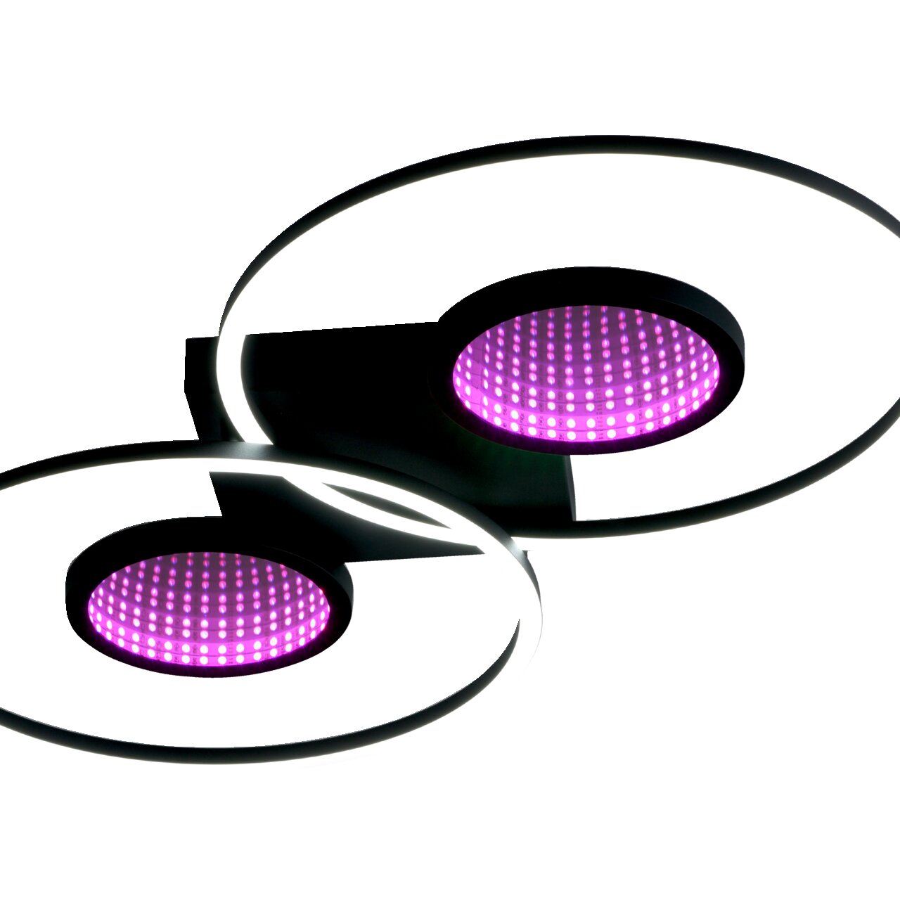 Moderne plafondlamp TUNEL met twee verlichte ringen en paars licht, gezien van onderaf.