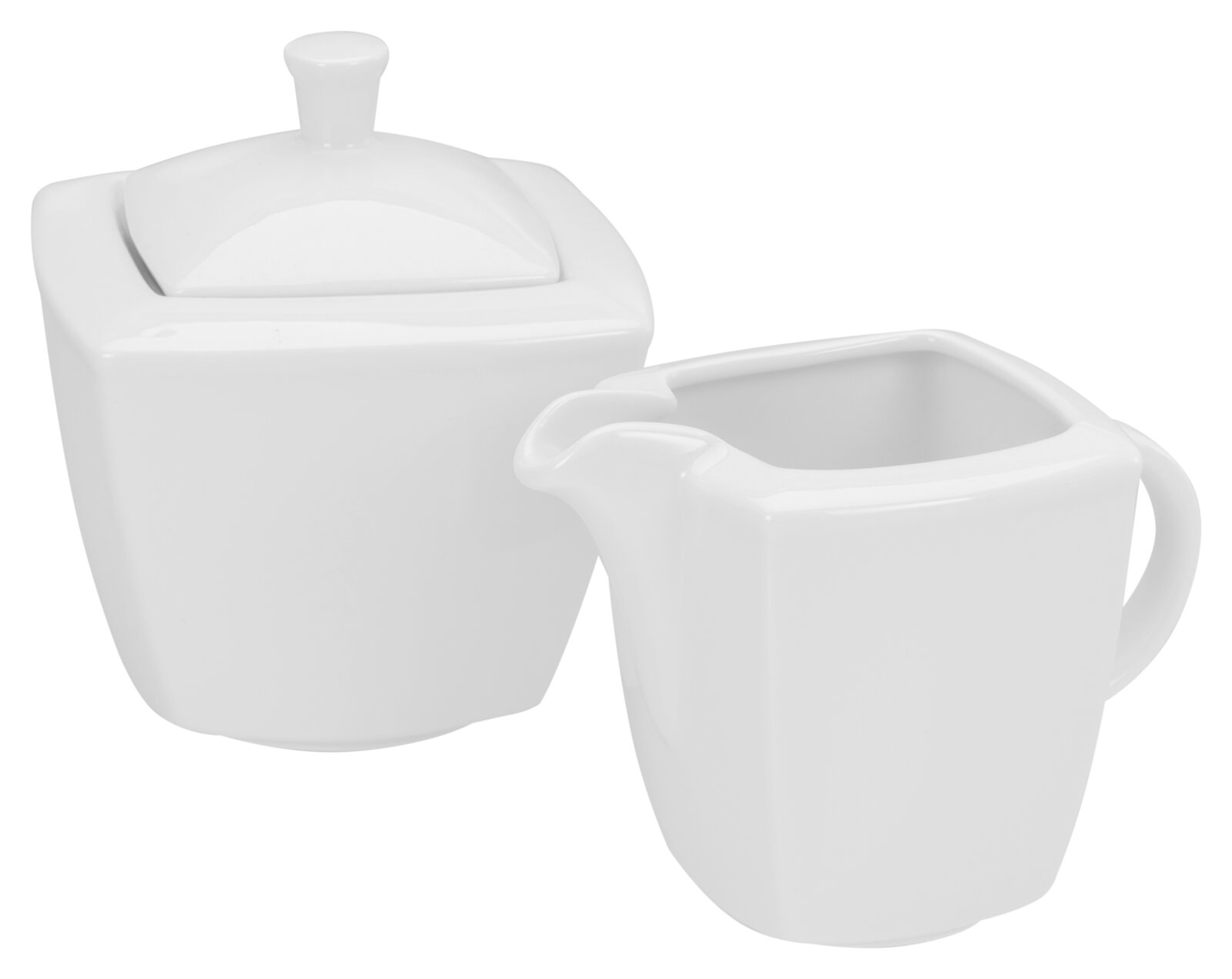 creaTable Milch und Zucker Set 2-tlg VICTORIA Weißes Porzellan-Zuckerdose mit Deckel und passendes Milchkännchen mit Ausguss, in leicht schräger Frontansicht vor weißem Hintergrund