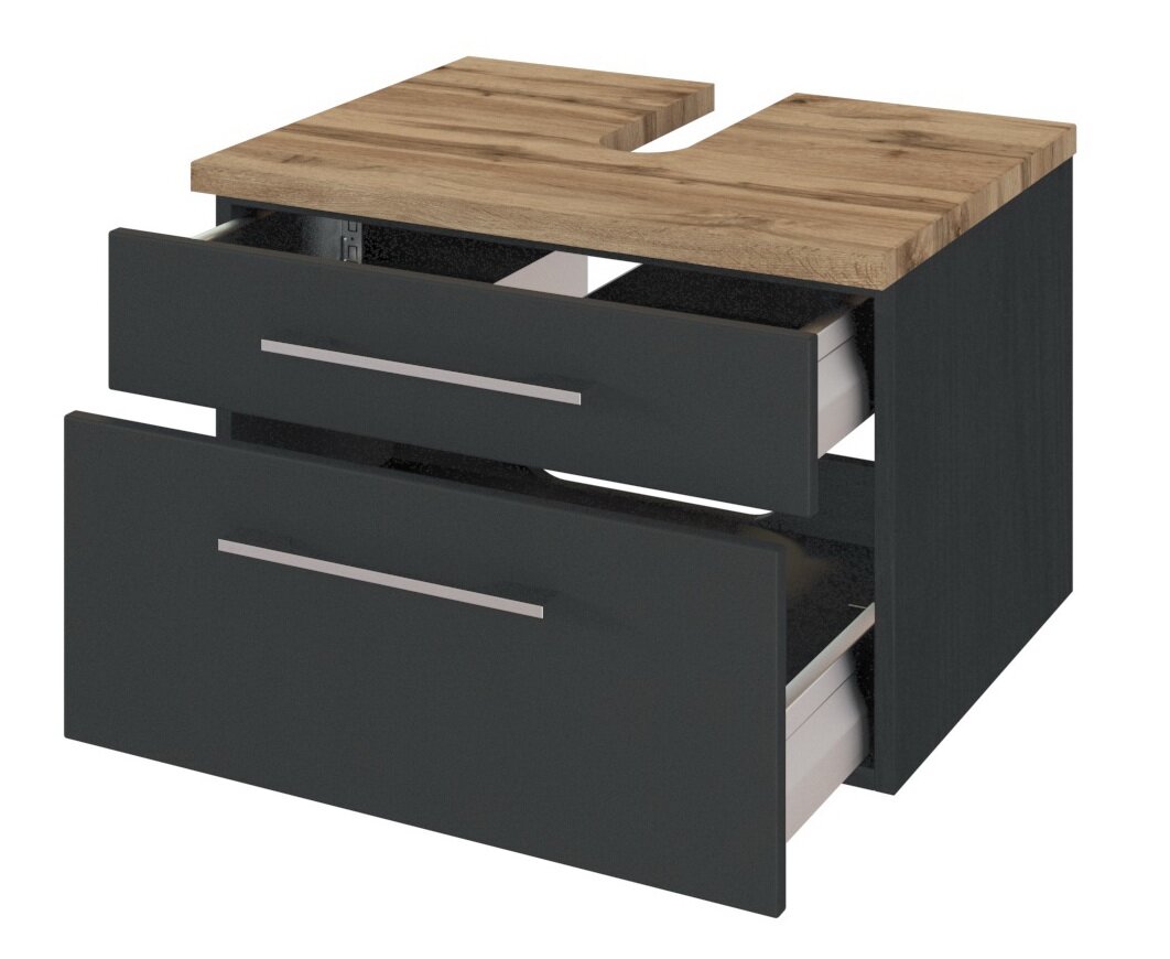 XORA Waschtischunterschrank DAVOS Moderner Waschtischunterschrank mit zwei offenen Schubladen, dunklem Korpus und Holzoberfläche, perspektivische Ansicht von vorne.