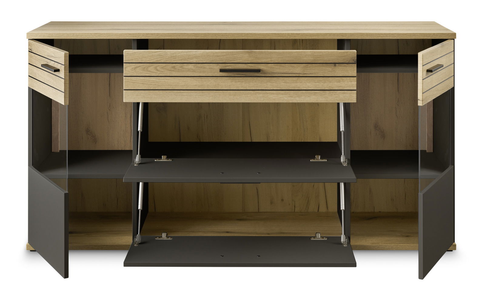 Frontale Ansicht eines modernen Sideboards mit offenen Türen und Schubladen, Holzoptik mit dunklen Akzenten.