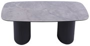 Moderner Couchtisch mit grauer Marmoroptik und zwei schwarzen, geriffelten Säulenbeinen, seitliche Perspektive.