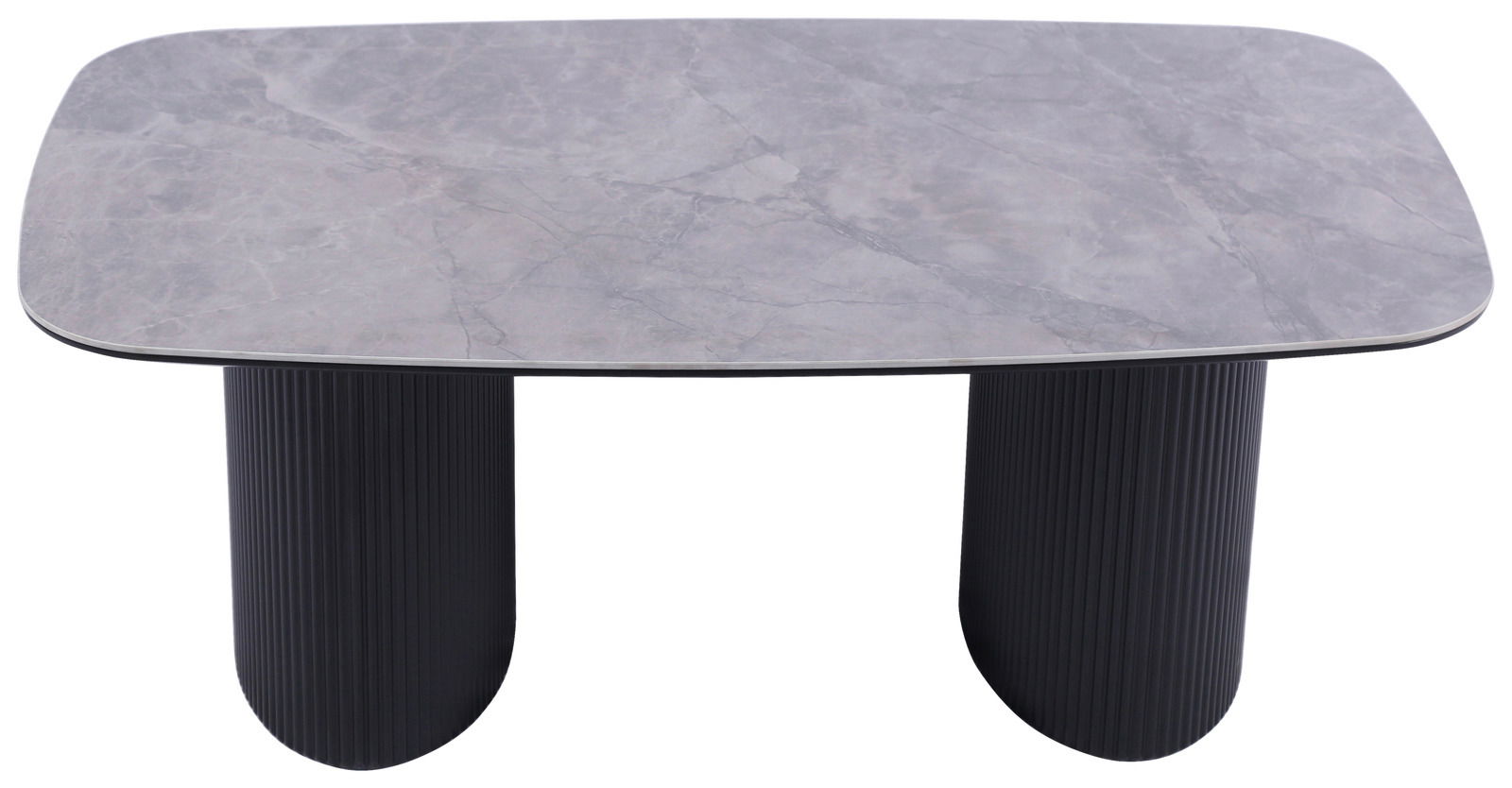 Moderner Couchtisch mit grauer Marmoroptik und zwei schwarzen, geriffelten Säulenbeinen, seitliche Perspektive.