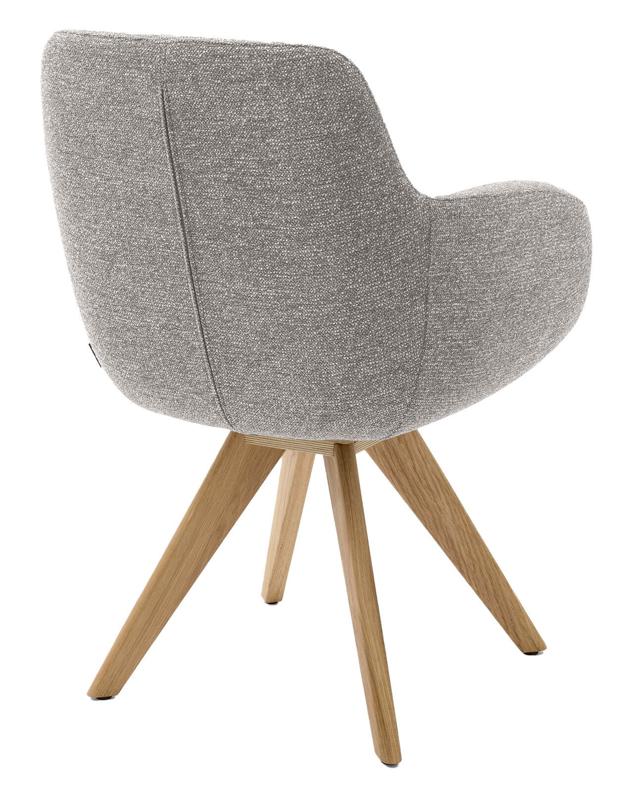 Musterring Armlehnstuhl MR TAVIA Rückansicht eines grauen Armlehnstuhls mit Holzbeinen, Perspektive von hinten links