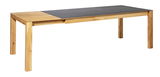 Moderner Esstisch aus Holz mit schwarzer Tischplatte, seitliche Perspektive