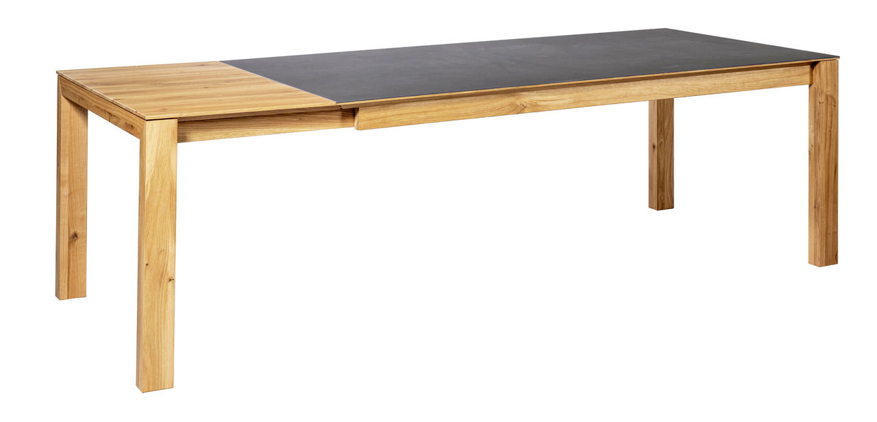 Moderner Esstisch aus Holz mit schwarzer Tischplatte, seitliche Perspektive