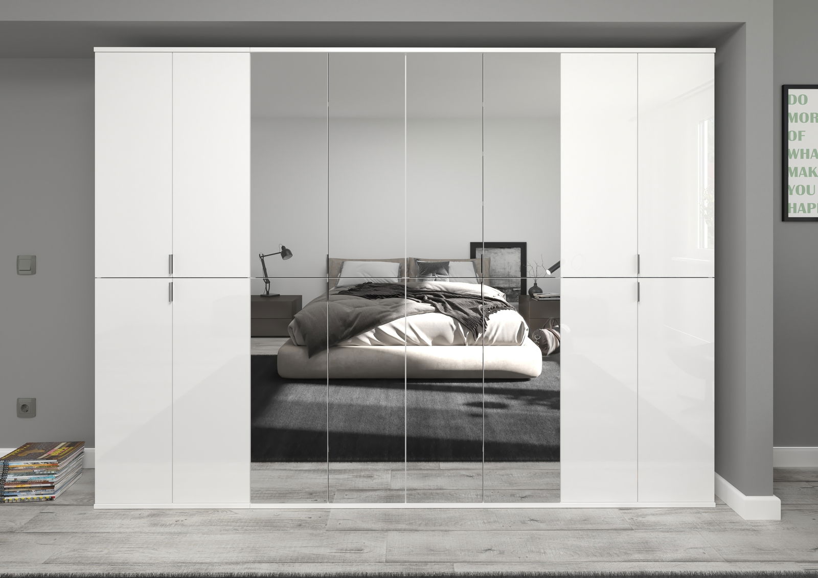 Moderne Garderobenkombination mit weißen Hochglanzfronten und Spiegeltüren, frontal fotografiert.