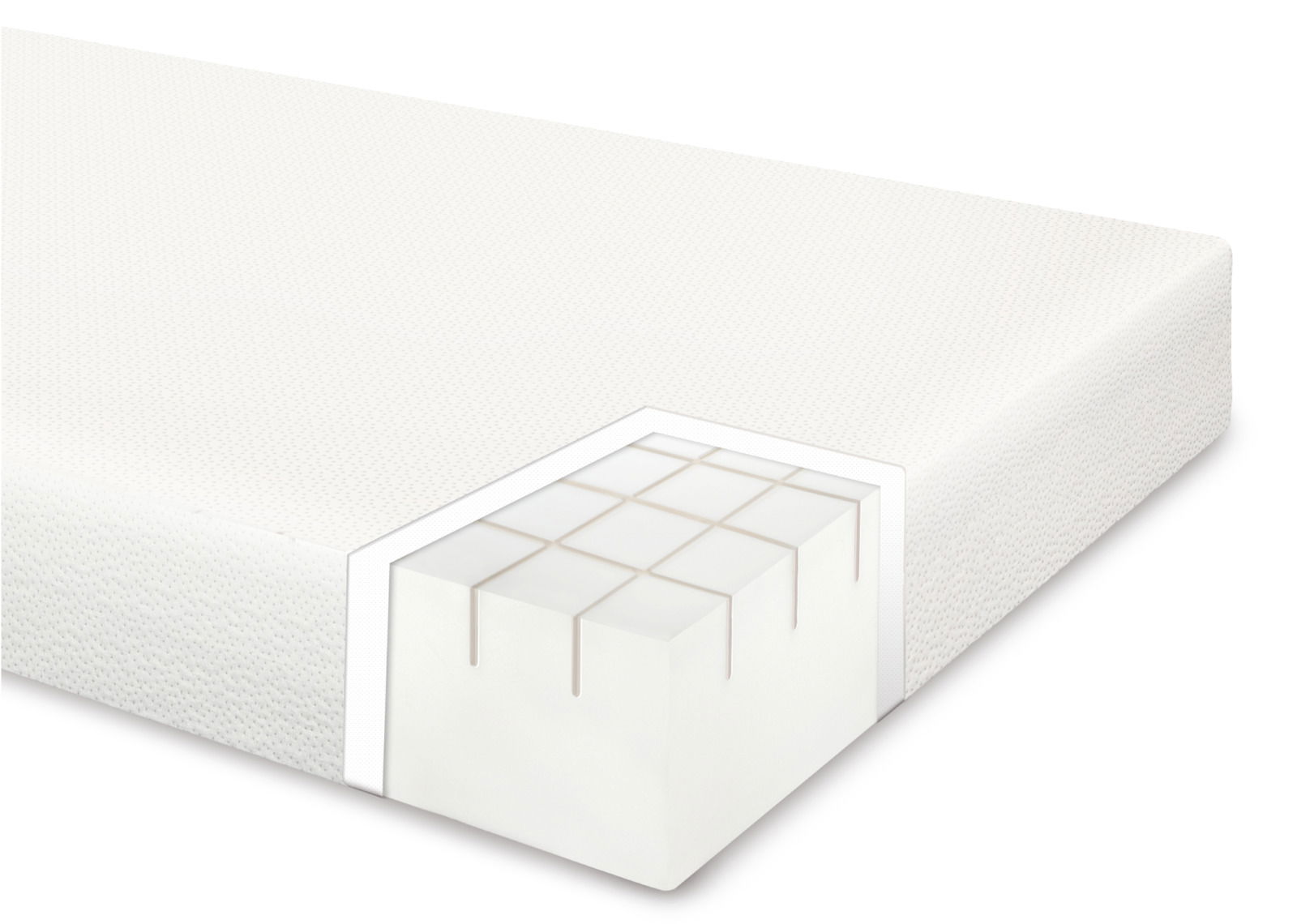 Schaummatratze mit Querschnittsansicht, die die innere Schaumstruktur zeigt, perspektivisch von der Seite aufgenommen.