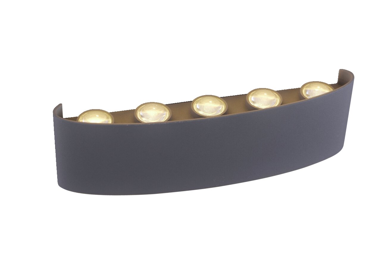 Silberne LED-Wandleuchte mit fünf leuchtenden LEDs, seitliche Perspektive