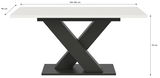 Moderner Esstisch mit weißer Tischplatte und schwarzem X-förmigem Gestell, seitliche Perspektive.