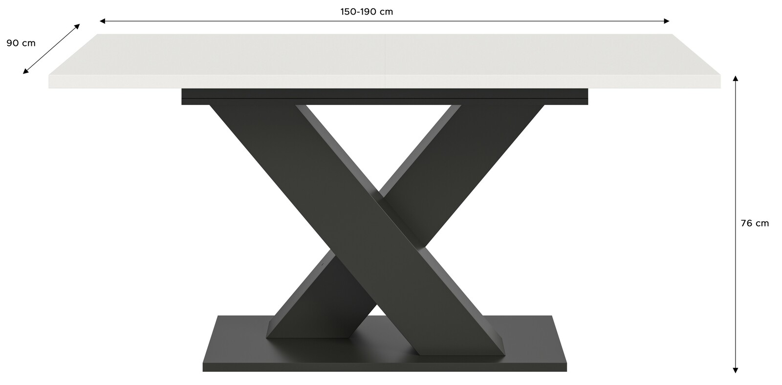Moderner Esstisch mit weißer Tischplatte und schwarzem X-förmigem Gestell, seitliche Perspektive.