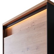 Detailansicht eines Garderobenschranks mit Holzverkleidung und integrierter Beleuchtung von oben.