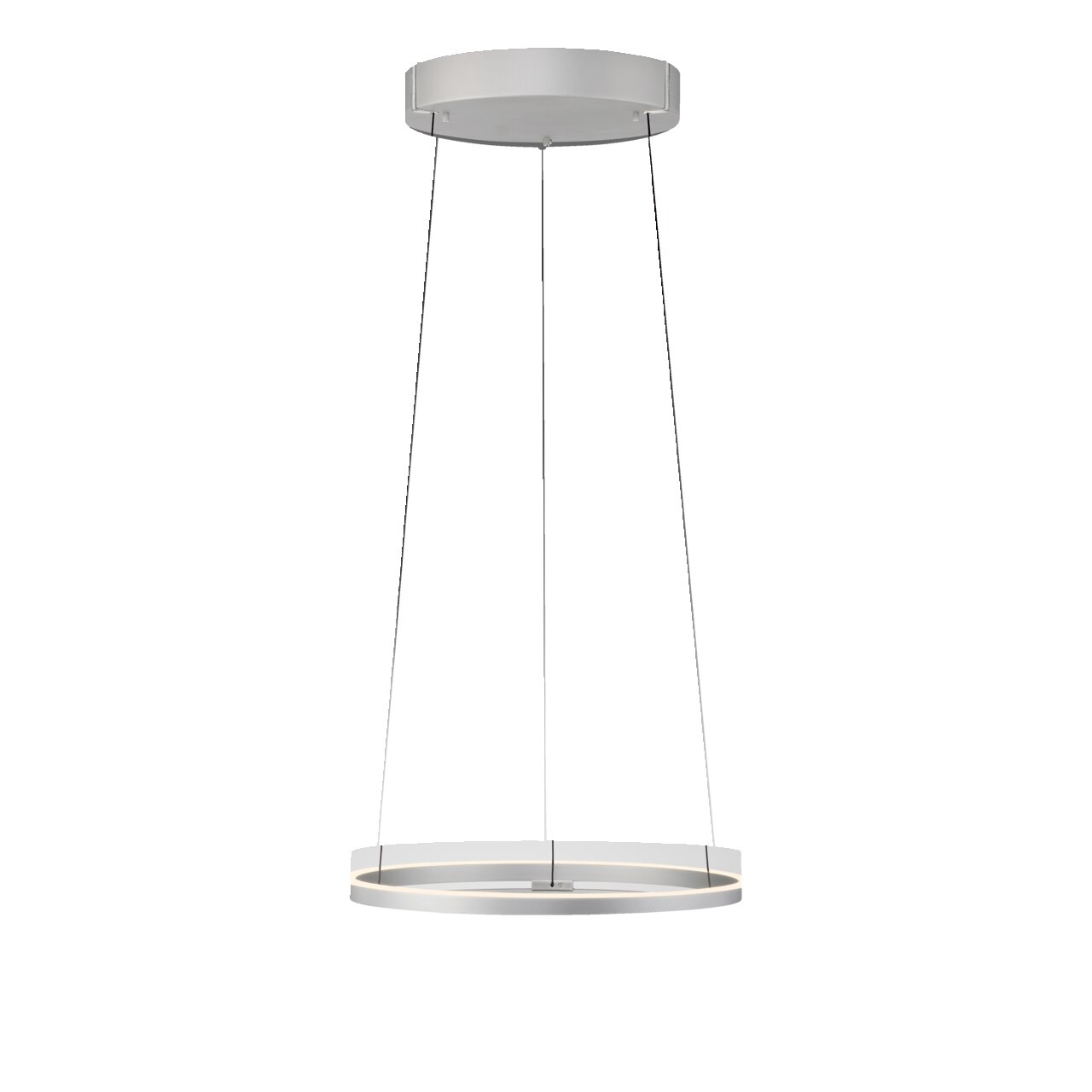 Moderne Pendelleuchte PURE E-Loop in silberner Farbe, von unten betrachtet, mit kreisförmigem Design und dünnen Aufhängungen.
