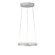 Moderne hanglamp PURE E-Loop in zilverkleur, gezien van onderaf, met een cirkelvormig ontwerp en dunne ophangdraden.