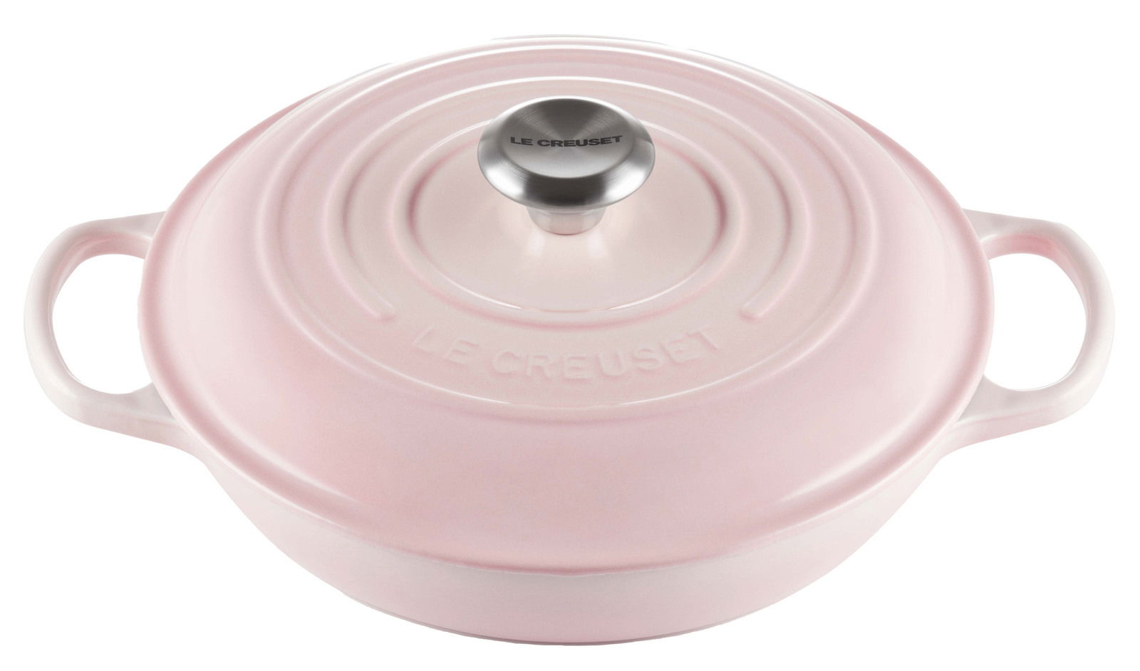 Gourmet Profitopf 26cm in zartem Rosa, Draufsicht mit zwei Griffen und Edelstahlknauf auf dem Deckel.