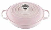 Gourmet Profitopf 26cm in zartem Rosa, Draufsicht mit zwei Griffen und Edelstahlknauf auf dem Deckel.