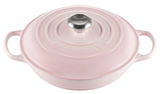 Gourmet Profitopf 26cm in zartem Rosa, Draufsicht mit zwei Griffen und Edelstahlknauf auf dem Deckel.