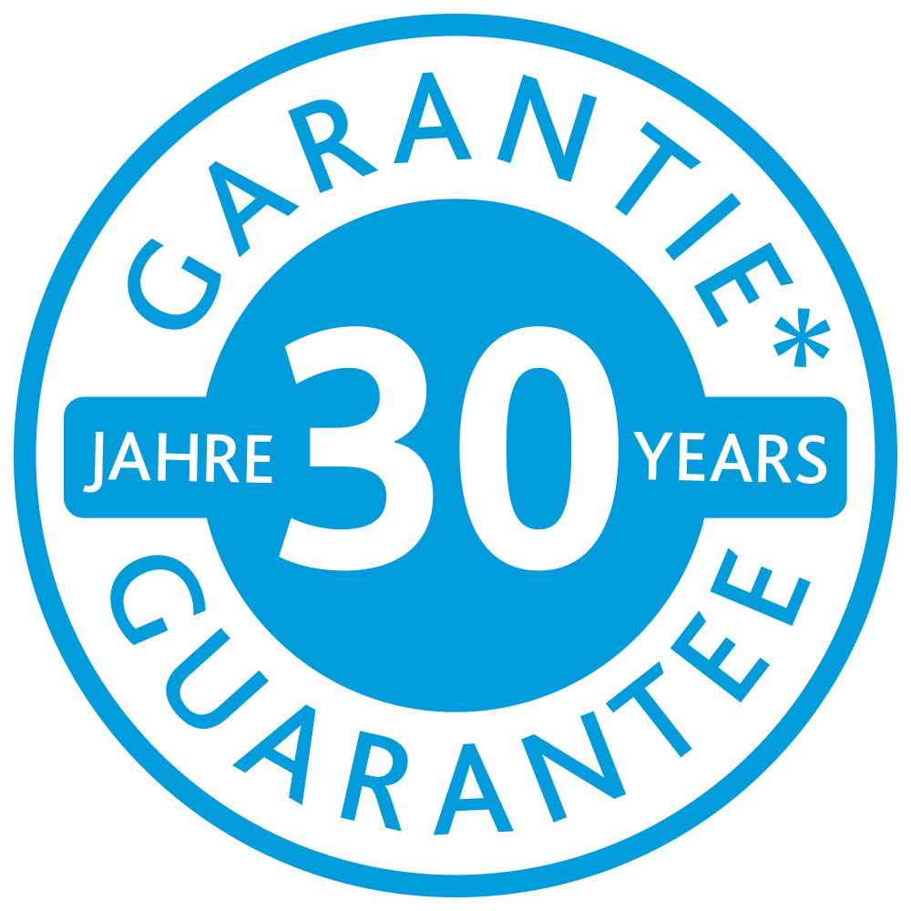 Rundes blaues Siegel mit der Aufschrift '30 Jahre Garantie' in Deutsch und Englisch, Vorderansicht.